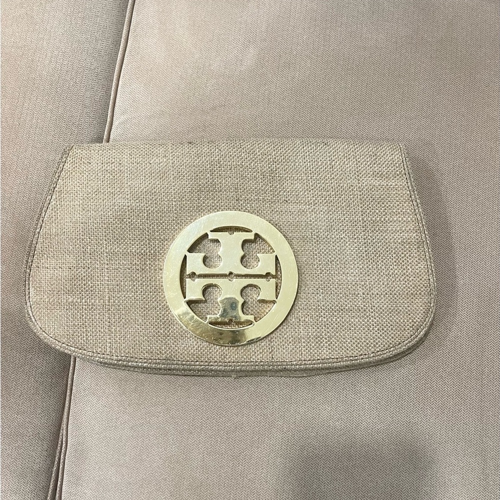 Tory Burch Gold Logo Beige Clutch